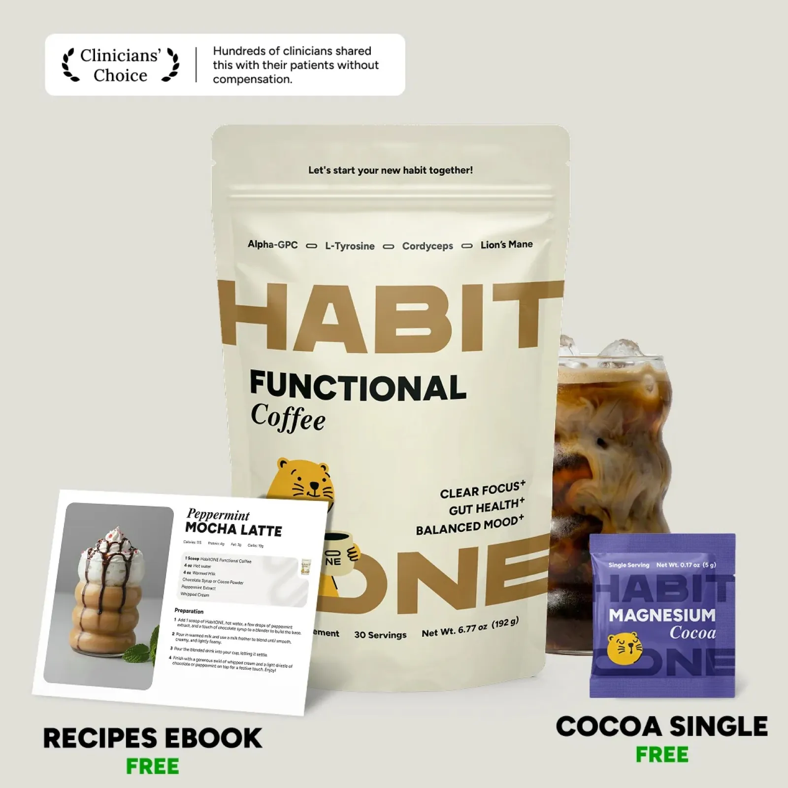 HabitONE Functional Coffee + free recipes ebook and cocoa single