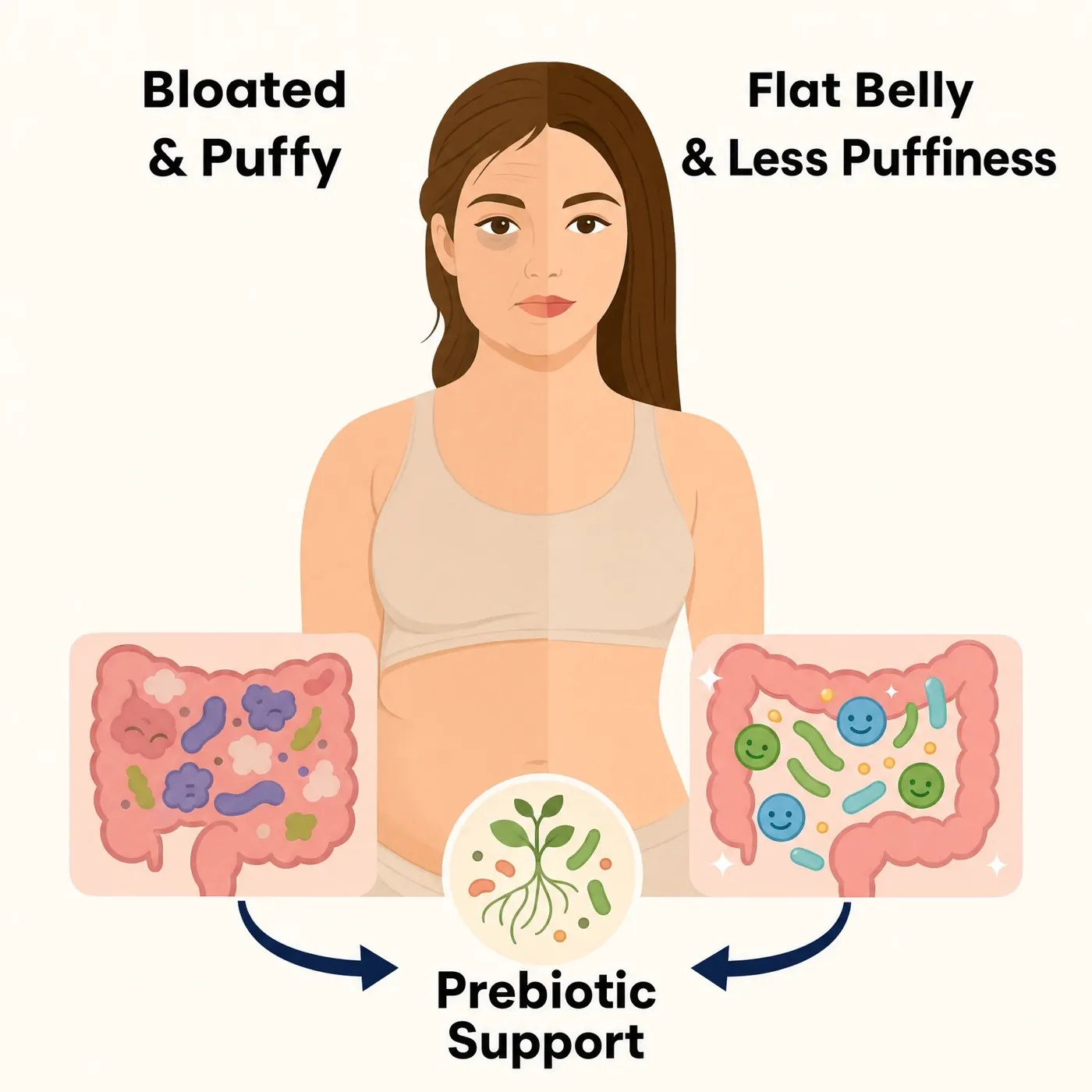 Gut health illustration: from bloated and puffy to flat belly with prebiotic support