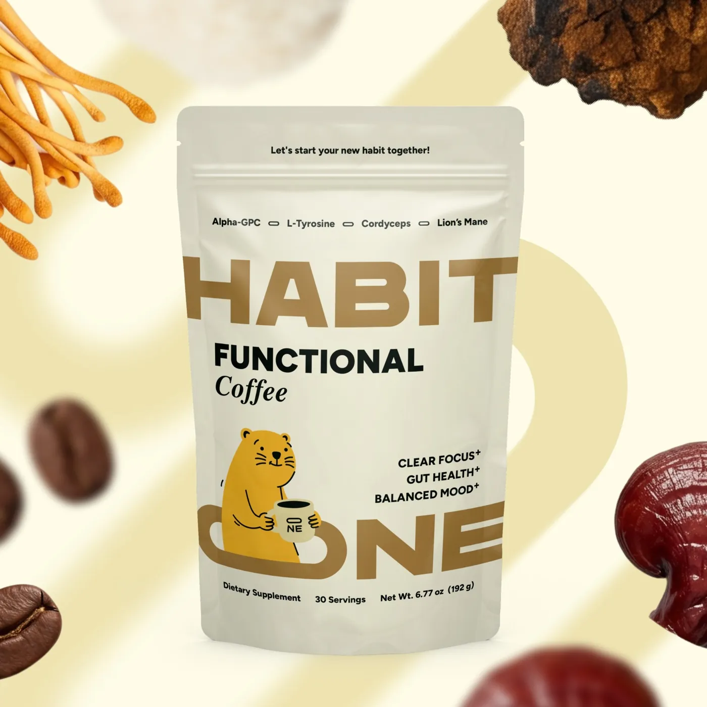 HabitONE Functional Coffee pouch surrounded by mushroom and coffee ingredients